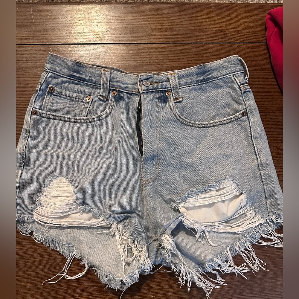 Levi's Light Blue Distressed High-Rise Denim Shorts